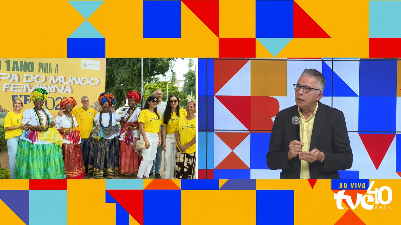 Professor Ney Campello no programa TVE Revista falando sobre a preparação de Salvador para a Copa do Mundo Feminina FIFA 2027